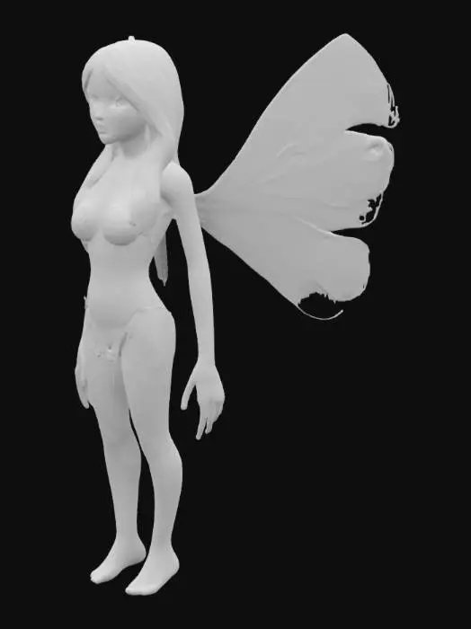 3D model for Create an irresistibly enchanting fairy with radiant, sun-kissed skin and delicate, shimmering wings. Her flowing silver-blue hair cascades over her body, teasingly revealing her curves. Ethereal golden dust swirls around her, accentuating her divine beauty. Her violet eyes smolder with mystery and desire as she stands bathed in moonlight, wrapped only in soft shadows and nature’s gentle embrace., #fairy#