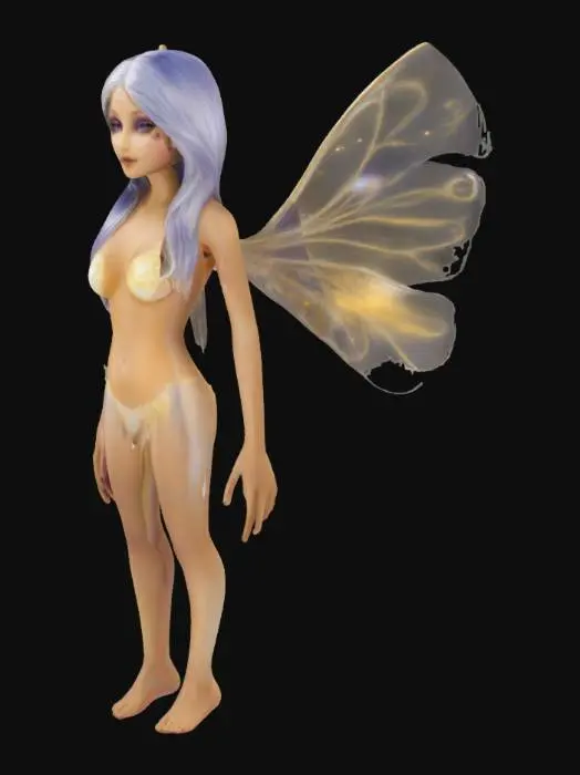 3D model for Create an irresistibly enchanting fairy with radiant, sun-kissed skin and delicate, shimmering wings. Her flowing silver-blue hair cascades over her body, teasingly revealing her curves. Ethereal golden dust swirls around her, accentuating her divine beauty. Her violet eyes smolder with mystery and desire as she stands bathed in moonlight, wrapped only in soft shadows and nature’s gentle embrace., #fairy#