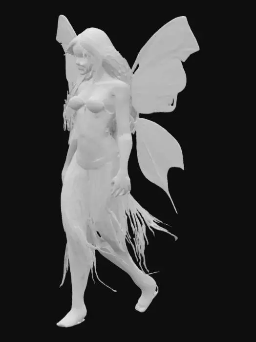 3D model for Create an irresistibly enchanting fairy with radiant, sun-kissed skin and delicate, shimmering wings. Her flowing silver-blue hair cascades over her body, teasingly revealing her curves. Ethereal golden dust swirls around her, accentuating her divine beauty. Her violet eyes smolder with mystery and desire as she stands bathed in moonlight, wrapped only in soft shadows and nature’s gentle embrace., #fairy#