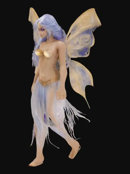 3D model for Create an irresistibly enchanting fairy with radiant, sun-kissed skin and delicate, shimmering wings. Her flowing silver-blue hair cascades over her body, teasingly revealing her curves. Ethereal golden dust swirls around her, accentuating her divine beauty. Her violet eyes smolder with mystery and desire as she stands bathed in moonlight, wrapped only in soft shadows and nature’s gentle embrace., #fairy#