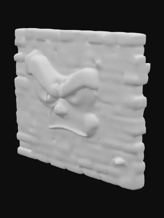 3D model for A cartoony, angry brick wall with moss and cracks. Looking down with a mocking face. Medieval, dungeons and dragons style