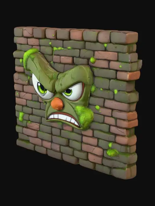 3D model for A cartoony, angry brick wall with moss and cracks. Looking down with a mocking face. Medieval, dungeons and dragons style