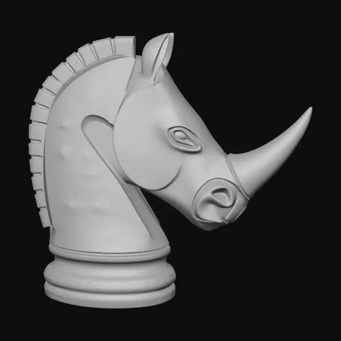 3D model for ultra-realistic knight chess piece that features a rhinos head instead of a horse, hand carved, red cedar wood,8k, deep carved details. very High stylized.  Maintain sharp, clean lines.
