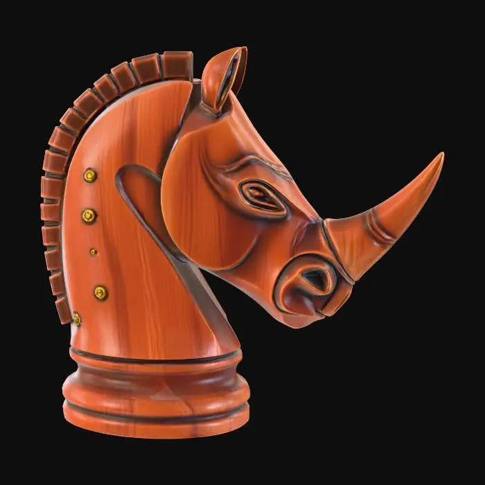 3D model for ultra-realistic knight chess piece that features a rhinos head instead of a horse, hand carved, red cedar wood,8k, deep carved details. very High stylized.  Maintain sharp, clean lines.