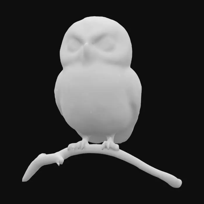 3D model for Миниатюра совы, бело-серого цвета с хитрыми и прищюренными глазами в задумчивой позе. Реалистичный стиль