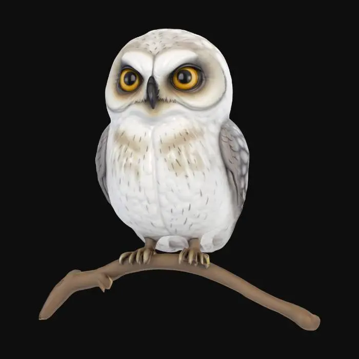 3D model for Миниатюра совы, бело-серого цвета с хитрыми и прищюренными глазами в задумчивой позе. Реалистичный стиль