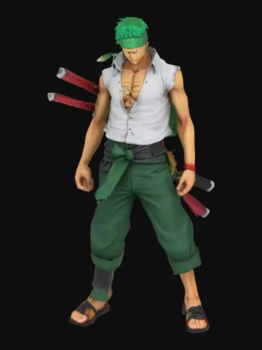 3D model for make zoro from one piece 3d model with  his 3 katanas (colourful)

