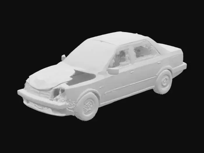 3D model for A crashed car with severe front-end damage, crumpled hood, broken windshield, missing bumper, bent wheels, and visible dents. Post-accident condition, realistic detail, dark gray or black color, suitable for use in Unity 3D.