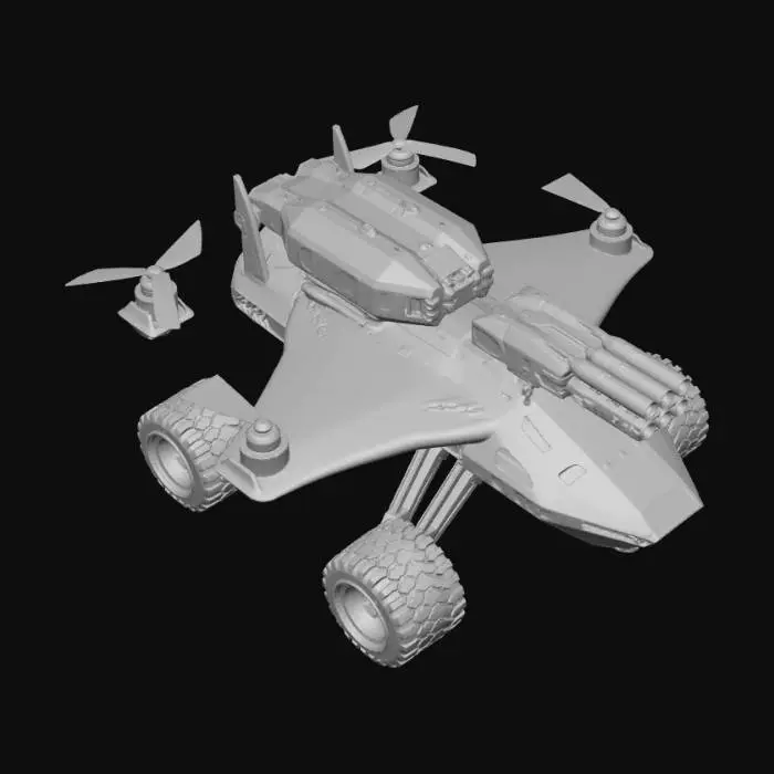 3D model for Prompt: Heavy UGV based on the image, flying wing geometry with faceted armor. 6 rugged off-road wheels, 4 internal ducted fan propellers. Featuring a unique modular combat turret with dual-barrel autocannons in a faceted shroud. Top-mounted armored medical capsule with an open ramp. Stealth industrial aesthetic, matte grey titanium finish, technical stencils, high-poly mechanical detail, PBR textures. No cockpit, no glass