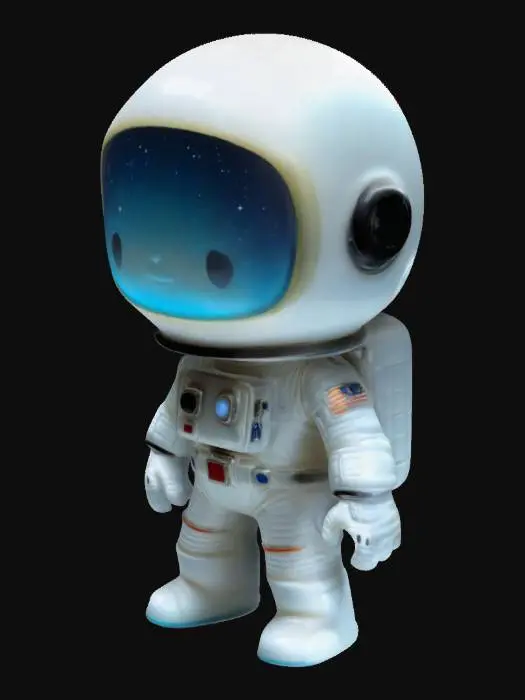 3D model for small astronaut, big head, small body, cute, funkopop, funko, no base, no pedestal, glowing glass helmet, white astronaut, moon glow, smooth plastic glow