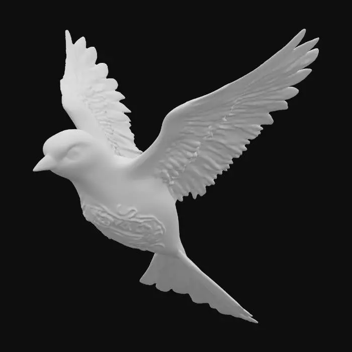 3D model for A beautiful blue tinted pearlescent bird sculpture.  Brass inlaid feather details and chromatic painted eyes