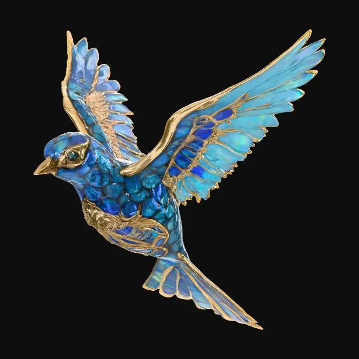 3D model for A beautiful blue tinted pearlescent bird sculpture.  Brass inlaid feather details and chromatic painted eyes