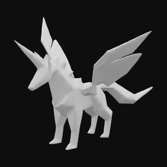 3D model for Origami Winged Unicorn made from paper that has six colours, red, orange, yellow, blue, purple, and indigo. each face should be one solid colour