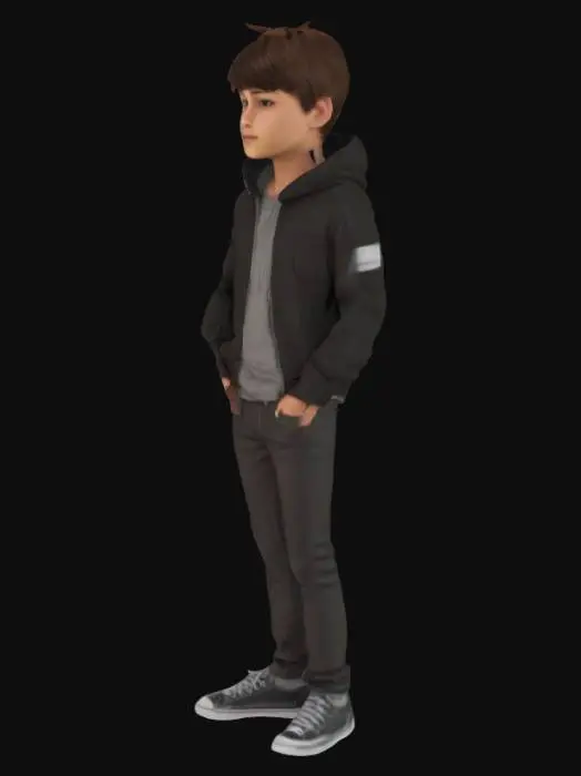 3D model for una persona maschio, capelli marroni e corti ,con ciuffo in basso molto in basso ,  occhi marroni non troppo realistico 
con abiti neri grigi
senza mani in tasca e che sia un 12enne
