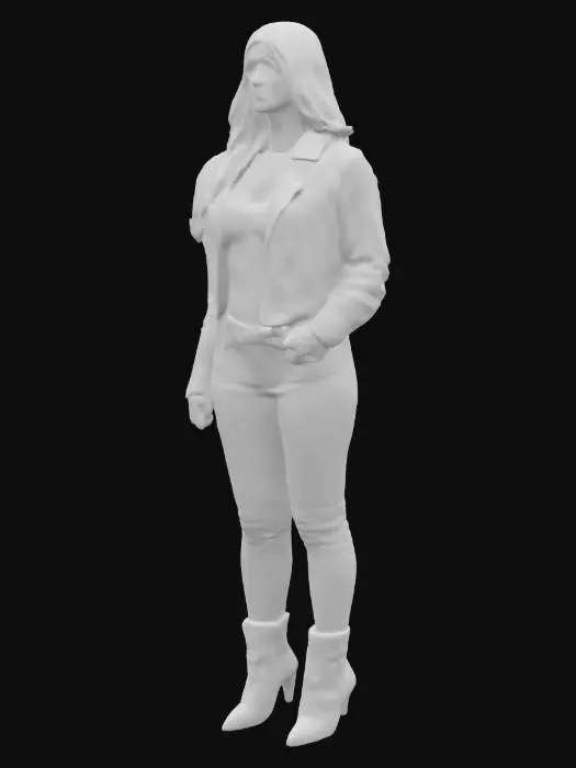 3D model for a beautiful woman with her hand on her waist, ultra-realistic style, wavy brown hair, fair skin, wearing modern clothing, black leather jacket, tight jeans, heeled boots, confident expression, soft studio lighting