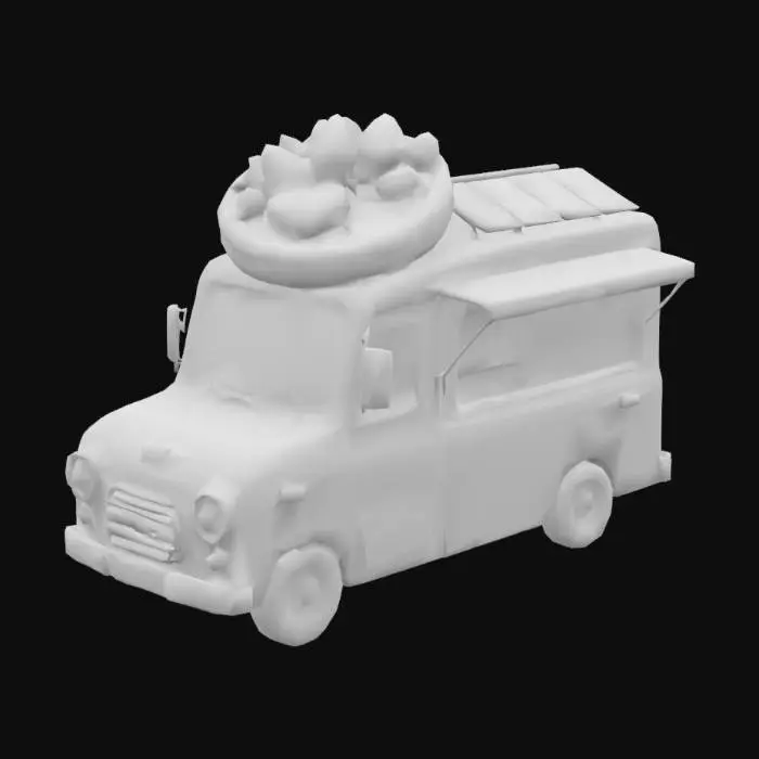 3D model for een rode foodtruck met zonnepanelen en een wafel met aardbeien en slagroom op het dak