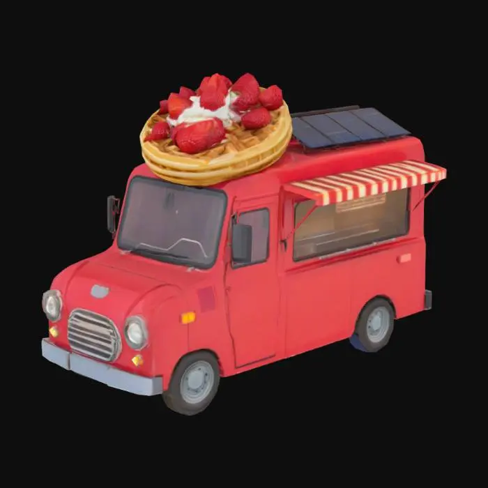 3D model for een rode foodtruck met zonnepanelen en een wafel met aardbeien en slagroom op het dak