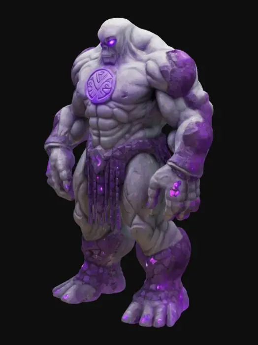 3D model for un très très gros golem de pierre , il n'a pas de visage , il est recouvert de cristaux violets brillant et il a un symbole gravé à la place de son visage 