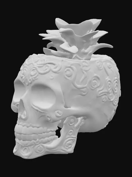 3D model for Totenschädel als Blumentopf, Blätter am Kopf am Rand