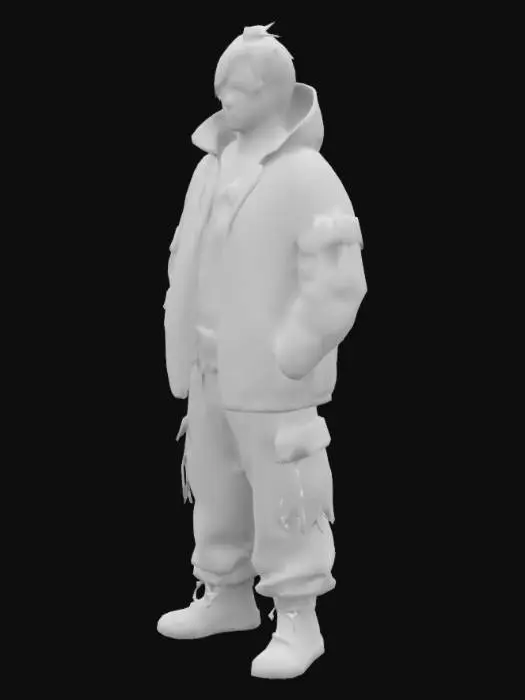 3D model for Age: 27 years Height: 1.80 m Body: Slim but toned, it looks good, fast. Hair: jet black, messy, with a white lock on the bangs. Face: Sharp features, mix of Japanese heritage and Argentine bearing. He has a thin scar on his left cheek. Style: Urban and canchero, with oversize jackets, cargo pants, dirty but facha slippers. He always wears sunglasses around his neck