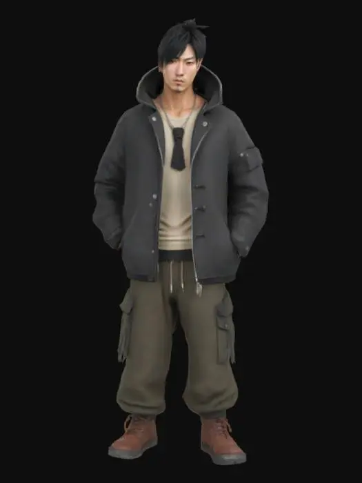 3D model for Age: 27 years Height: 1.80 m Body: Slim but toned, it looks good, fast. Hair: jet black, messy, with a white lock on the bangs. Face: Sharp features, mix of Japanese heritage and Argentine bearing. He has a thin scar on his left cheek. Style: Urban and canchero, with oversize jackets, cargo pants, dirty but facha slippers. He always wears sunglasses around his neck