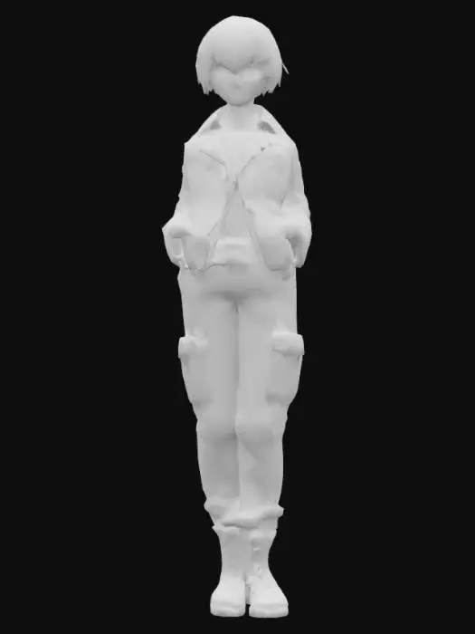 3D model for Kaori Height: 1.65 m Body: Slim and agile, with a serene presence. Hair: Medium short, slightly longer than Astra's, with a messy and modern cut. Snow white color, with loose strands that sometimes cover his face. Clothing: Practical style with a personal touch and cyberpunk; light gray aviator jacket, pants with side pockets, sturdy boots. Eyes: Moss green, shine brighter when laughing. Style: Calm, observant, with a mysterious air. Distinctive detail: A broken cross-shaped earring