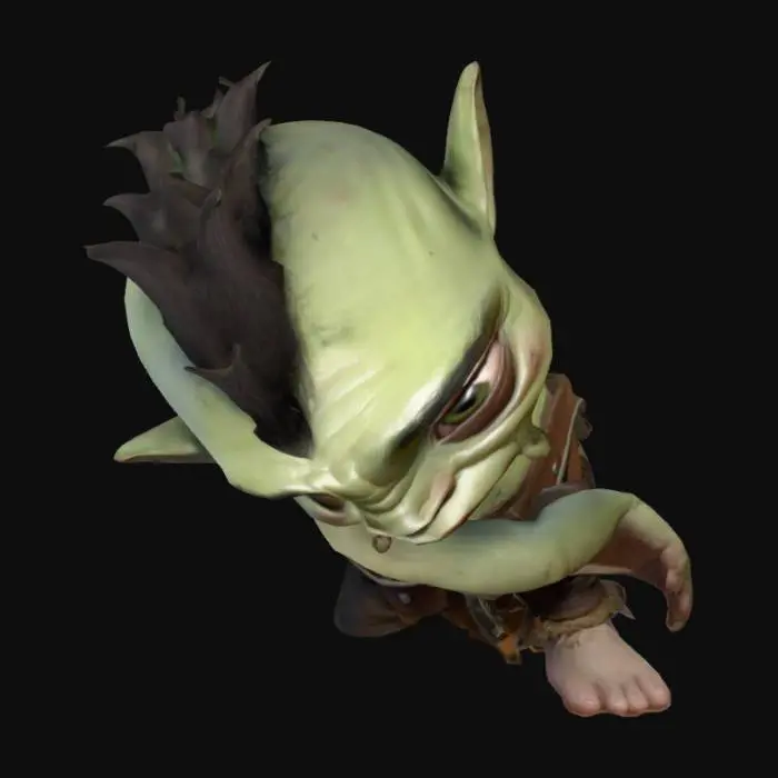 3D model for A cartoonish stylized baby orc with PBR materials, featuring a chubby toddler-like body, large expressive eyes, and soft green skin with subtle wrinkles and freckles. It has oversized floppy ears, tiny tusks, and a curious expression. The orc wears a simple hand-stitched leather loincloth with a rope belt. Skin shading includes roughness variation for realism. The model has exaggerated proportions and a playful, fantasy-inspired look, standing in a T-pose perfect for rigging for animations. 