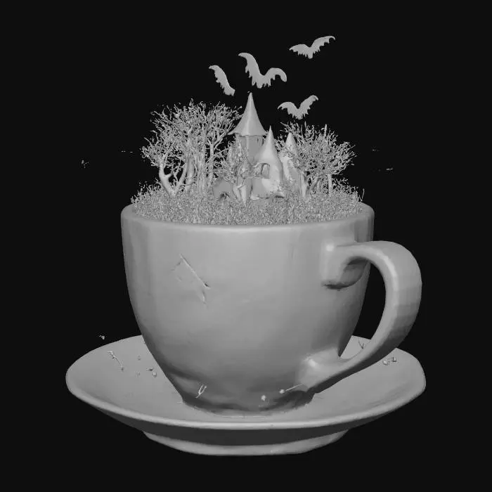 3D model for a spooky Halloween-themed coffee cup design. The cup should feature a dark, moody color palette with shades of black, deep purple, and orange. Include eerie elements like a haunted house silhouette, bats flying across a full moon, and a creepy forest in the background. Add subtle details like spider webs on the rim and a ghostly mist swirling around the cup. The style should be modern and slightly gothic, with high contrast and sharp details to make it visually striking., #Halloween2025#