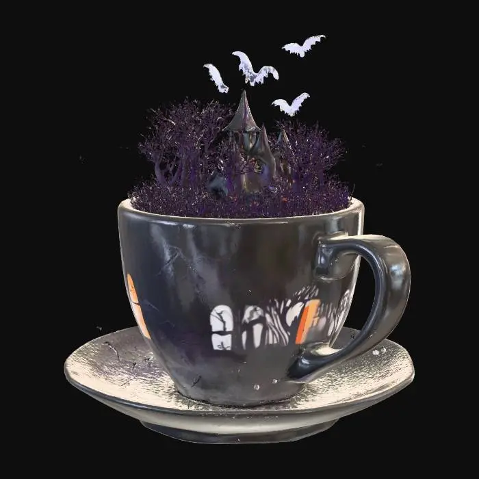 3D model for a spooky Halloween-themed coffee cup design. The cup should feature a dark, moody color palette with shades of black, deep purple, and orange. Include eerie elements like a haunted house silhouette, bats flying across a full moon, and a creepy forest in the background. Add subtle details like spider webs on the rim and a ghostly mist swirling around the cup. The style should be modern and slightly gothic, with high contrast and sharp details to make it visually striking., #Halloween2025#