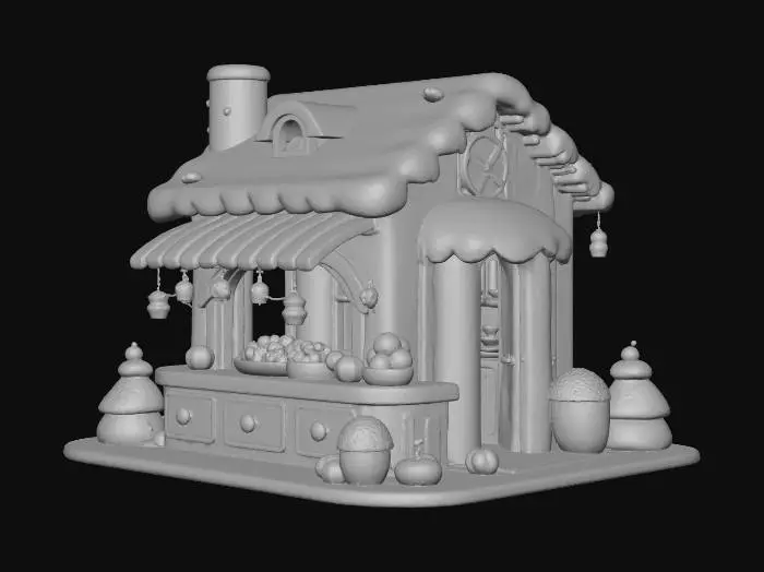 3D model for “Mini candy marketplace kiosk with wafer-wood frame look; rounded corners; frosting trim along edges; small display shelves with simplified candy jars (no labels); roof shaped like a swirled peppermint disk; hanging sugar-lamp ornaments under the canopy; base platform of layered cookie slabs; snow-sugar dusting; materials: wafer cookie, matte icing, glossy candy ornaments; keep jars and details chunky and readable, not tiny; one fused prop-building; highly stylized winter candy fantasy, pastel mint/pink/lilac/cream accents, soft rounded chunky forms, minimal micro-detail, readable silhouette, subtle sugar crystal sparkle, gentle frosting buildup, clean topology, #Christmas2025#