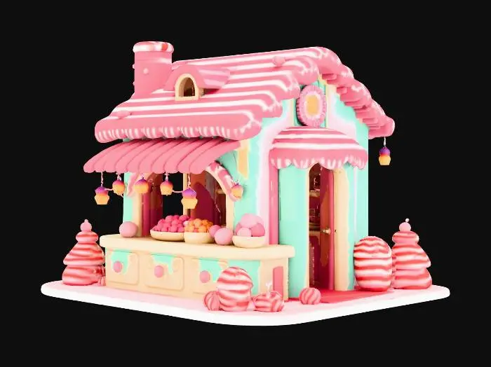 3D model for “Mini candy marketplace kiosk with wafer-wood frame look; rounded corners; frosting trim along edges; small display shelves with simplified candy jars (no labels); roof shaped like a swirled peppermint disk; hanging sugar-lamp ornaments under the canopy; base platform of layered cookie slabs; snow-sugar dusting; materials: wafer cookie, matte icing, glossy candy ornaments; keep jars and details chunky and readable, not tiny; one fused prop-building; highly stylized winter candy fantasy, pastel mint/pink/lilac/cream accents, soft rounded chunky forms, minimal micro-detail, readable silhouette, subtle sugar crystal sparkle, gentle frosting buildup, clean topology, #Christmas2025#