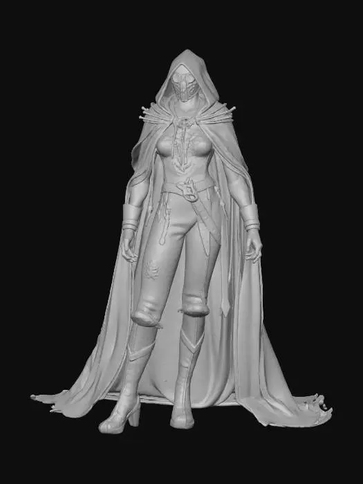 3D model for dark mage/assassin champion, league of legends style, riot games, slender figure, parchment textures covered in faded ink, strange, symbols and route markings, high collar and hood partially shadowing a plague doctor mask, mask fused with small brass instruments like compasses and measuring rings, lenses glowing toxic green, belts with scroll cases and small glass vials, boots with scraps of parchment and straps, muted bone, sepia and gray palette with neon-green accents, ghostly ink-smoke forming rat-like shapes around lower legs, stylized semi-realistic anatomy, front-facing neutral A-pose, arms slightly out, hands open and empty, some map fragments floating behind shoulders like spectral pages, full body, isolated on clean solid white background