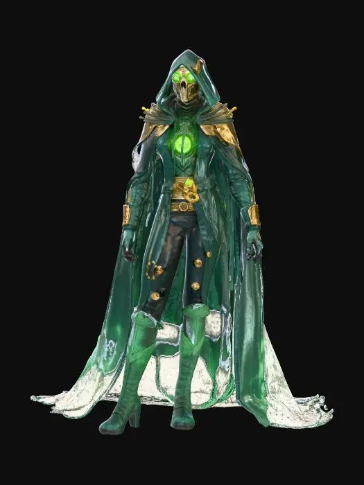 3D model for dark mage/assassin champion, league of legends style, riot games, slender figure, parchment textures covered in faded ink, strange, symbols and route markings, high collar and hood partially shadowing a plague doctor mask, mask fused with small brass instruments like compasses and measuring rings, lenses glowing toxic green, belts with scroll cases and small glass vials, boots with scraps of parchment and straps, muted bone, sepia and gray palette with neon-green accents, ghostly ink-smoke forming rat-like shapes around lower legs, stylized semi-realistic anatomy, front-facing neutral A-pose, arms slightly out, hands open and empty, some map fragments floating behind shoulders like spectral pages, full body, isolated on clean solid white background