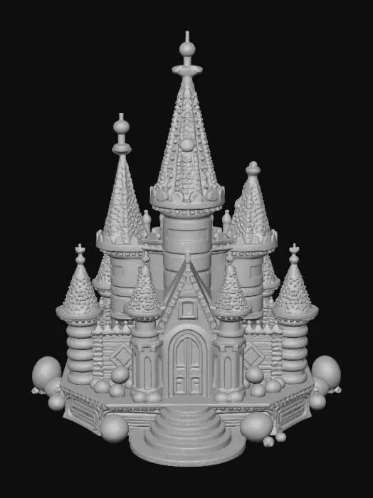 3D model for “Grand royal candy ice palace designed for a frozen candy kingdom; central main tower with 4 smaller peppermint spires; rounded spiral forms, oversized playful proportions; domes made of translucent gumdrop glass; thick icing cornices and frosting trims; decorative peppermint medallions and sugar-bead garlands around arches; wide ceremonial staircase leading to an arched entry; base platform shaped like layered cookie slabs; light snow-sugar dusting on top edges; materials: glossy peppermint candy, semi-translucent sugar glass, matte frosting, baked cookie base; avoid realistic stone or metal; ensure architectural parts are fused into one clean model; highly stylized winter candy fantasy, pastel mint/pink/lilac/cream accents, soft rounded chunky forms, minimal micro-detail, #Christmas2025#
