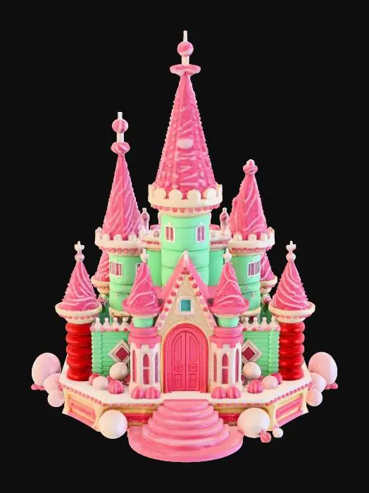 3D model for “Grand royal candy ice palace designed for a frozen candy kingdom; central main tower with 4 smaller peppermint spires; rounded spiral forms, oversized playful proportions; domes made of translucent gumdrop glass; thick icing cornices and frosting trims; decorative peppermint medallions and sugar-bead garlands around arches; wide ceremonial staircase leading to an arched entry; base platform shaped like layered cookie slabs; light snow-sugar dusting on top edges; materials: glossy peppermint candy, semi-translucent sugar glass, matte frosting, baked cookie base; avoid realistic stone or metal; ensure architectural parts are fused into one clean model; highly stylized winter candy fantasy, pastel mint/pink/lilac/cream accents, soft rounded chunky forms, minimal micro-detail, #Christmas2025#