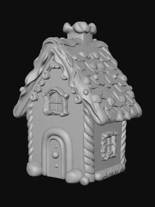 3D model for “Small whimsical gingerbread cottage with exaggerated cute proportions; thick icing roof with scalloped frosting drips; peppermint shingle tiles; candy button windows; wafer chimney with frosting smoke swirl sculpted as a static shape; door framed by a sugar-cane arch; snow-sugar on window ledges and roof ridges; materials: baked gingerbread, matte icing, glossy peppermint accents; avoid realistic wood or brick; one clean fused building asset; highly stylized winter candy fantasy, pastel mint/pink/lilac/cream accents, soft rounded chunky forms, minimal micro-detail, readable silhouette, subtle sugar crystal sparkle, gentle frosting buildup, #Christmas2025#