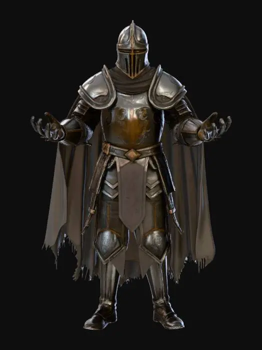 3D model for Game-ready 3D character model: “Ashen Oath Knight”, full-body, front-facing, natural A-pose, neutral stance, closed mouth. Tall, broad-shouldered human warrior in battered late-medieval plate: asymmetrical pauldrons (left larger with deep gouges), ribbed breastplate with cracked enamel insets, layered fauld plates, chainmail visible at armpits and inner thighs. Helmet: closed visor with a narrow T-slit, soot-stained edges, no horns. Cloth: a short, tattered oath-tabard split at the waist, scorched hem, stitched repairs. Leather: thick belt with square buckle, two pouches, strap loops (no weapons). Surface story: heavy ash buildup in creases, rust freckles, scraped edges to bare steel, dried mud on greaves. Palette: blackened steel, charcoal cloth, muted crimson stains, dull brass buckles.
