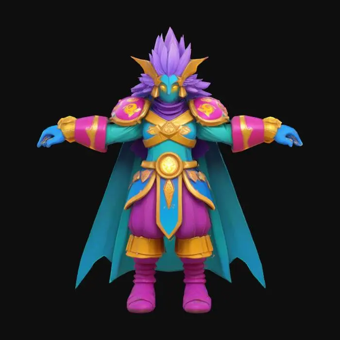 3D model for A highly stylized 3D character, fantasy-themed, wearing ornate armor with glowing runes, exaggerated proportions (large hands and feet, small torso), vibrant cel-shaded textures, inspired by games like Genshin Impact and Zelda: Breath of the Wild. The character has spiky hair, a long cape flowing dramatically. Bright, colorful palette with distinct silhouette. T-Pose