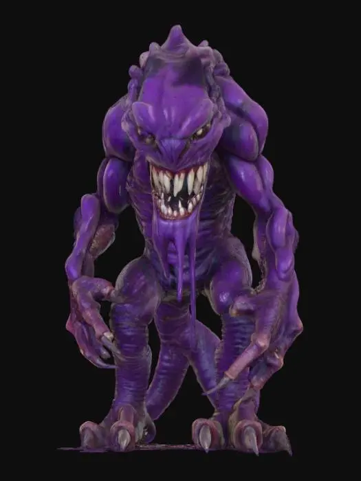 3D model for A giant purple and black, oozing horror monster, it has countless, giant jagged teeth. It is muscular and grotesque.