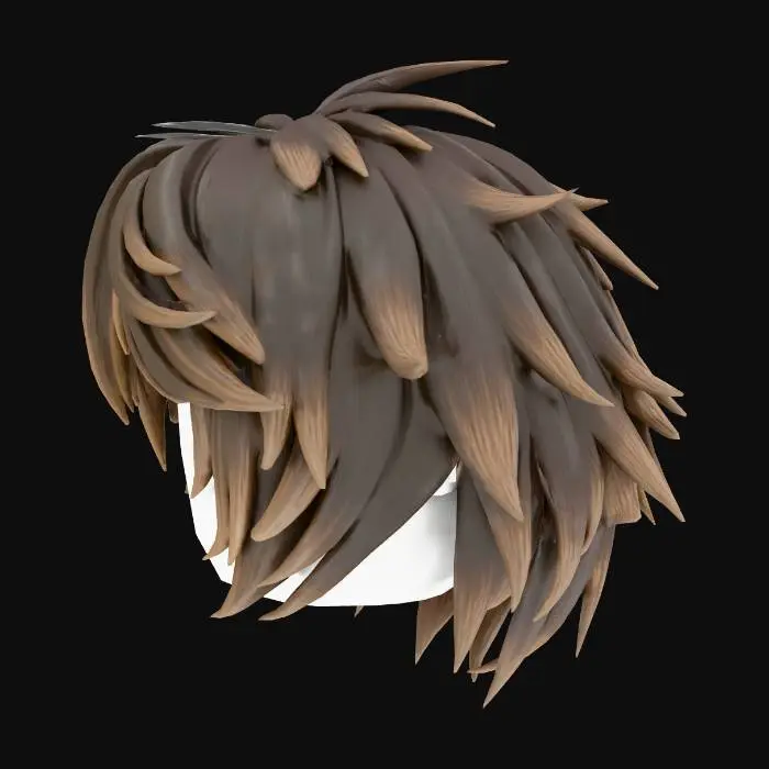 3D model for Create a stylized messy layered medium-length anime-inspired hair model designed specifically for Roblox R15 avatar compatibility. The hairstyle should have soft, fluffy, dynamic layered strands with natural volume and slight asymmetry for a realistic messy look. The top should have light lift and separation, with layered side bangs slightly covering the forehead. Back should taper naturally without clipping into shoulders.

Keep proportions accurate to Roblox R15 head scale. Ensure perfect fit with standard R15 head and no clipping with default animations.

Style direction:

Modern soft fluffy TikTok/egirl aesthetic