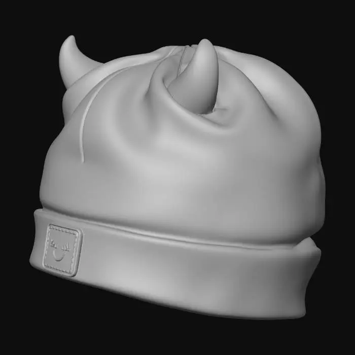 3D model for Create a stylized, viral TikTok-inspired hat accessory designed specifically for Roblox R15 avatars. The hat should be a soft oversized beanie with small demon horn accents, matching a cute aesthetic shoulder mascot. The design must be simple, clean, and highly readable in small catalog thumbnails.

Concept Direction:
Soft oversized beanie with subtle folds, slightly slouched at the back. Two small rounded demon horns emerging naturally from the top. Cute, minimal embroidered face icon on the front (sleepy expression). Trendy e-girl / anime aesthetic.

Design Requirements:

Soft rounded silhouette

Slight back slouch for personality

Small, smooth demon horns (not sharp or aggressive)

Minimal stitched logo detail on front

Clean proportions fitting standard R15 head