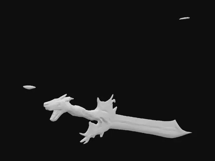 3D model for a cybernetic Giant 2 handed sword. with the body of a dragon as the handle. that connects to the head of a dragon. mouth open the blade petruding from its open mouth, the sharp edge of the blade is serrated and glowing pulsing neon red