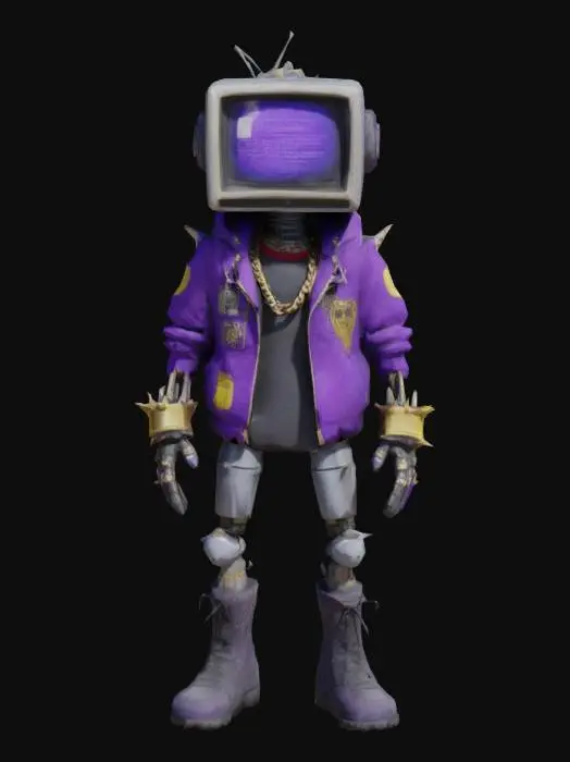 3D model for Faça um robô punk com cabeça de tv 
E corrente de ouro, vestido uma jaqueta roxa, usando pulseiras.