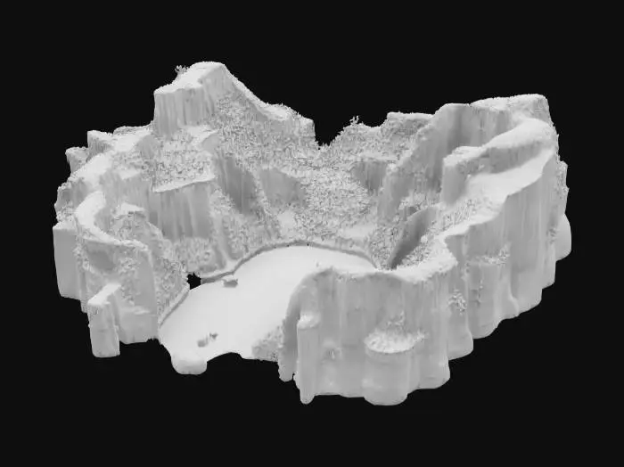 3D model for The object is a large, steep-sided island or plateau with a central lake, surrounded by intricate cliffs and lush greenery, with a textured and rugged surface., Stylized, Highly Detailed, Ultra Realistic