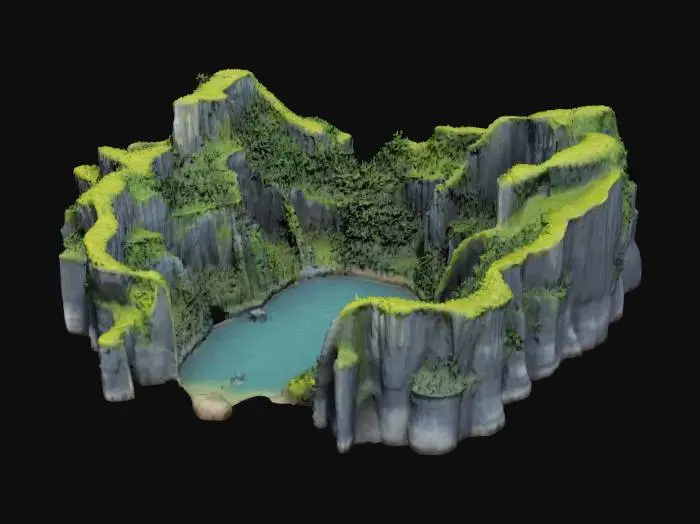 3D model for The object is a large, steep-sided island or plateau with a central lake, surrounded by intricate cliffs and lush greenery, with a textured and rugged surface., Stylized, Highly Detailed, Ultra Realistic
