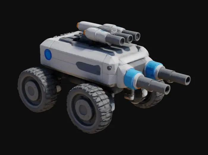 3D model for Object is a wheeled robot with a rectangular body, multiple cylindrical components, omni-directional wheels, and a smooth, matte texture with some illuminated accents.  cylindrical barrel and rotating multi-barrel design, featuring a vibrant blue and orange color scheme with a smooth plastic texture. is a brightly colored, playful water toy featuring a cylindrical blue and red body with a funnel-like, a spiral green hat, and a flexible hose, accented shapes and a hoop for water flow. #garden#