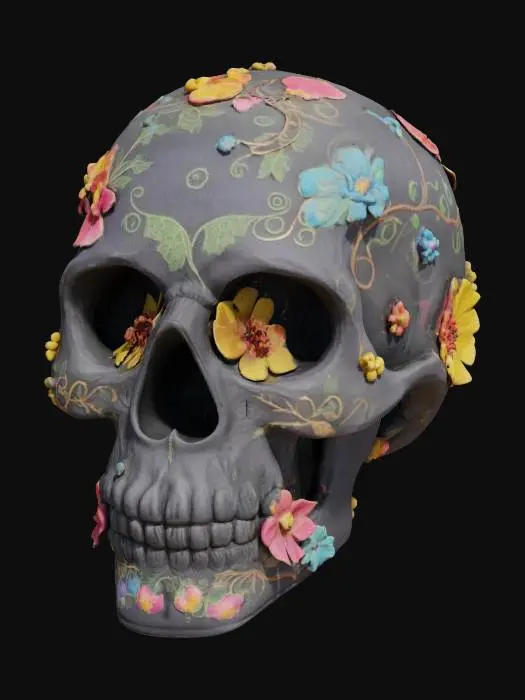 3D model for The object is a black skull with intricate, colorful floral and vine patterns, featuring a predominantly smooth texture interspersed with detailed, raised embellishments., 
