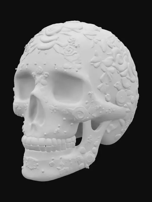 3D model for The object is a black skull with intricate, colorful floral and vine patterns, featuring a predominantly smooth texture interspersed with detailed, raised embellishments., 