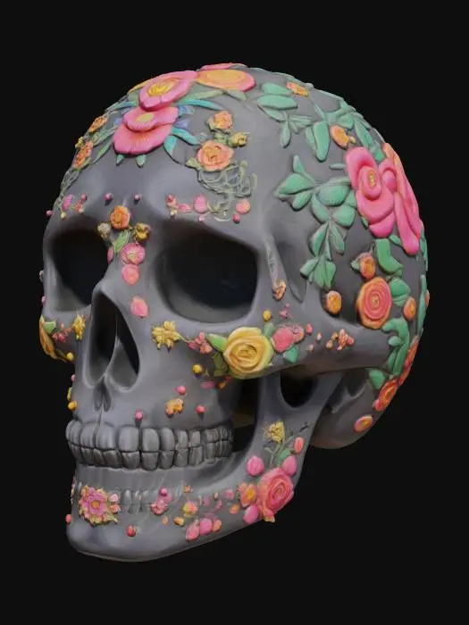 3D model for The object is a black skull with intricate, colorful floral and vine patterns, featuring a predominantly smooth texture interspersed with detailed, raised embellishments., 