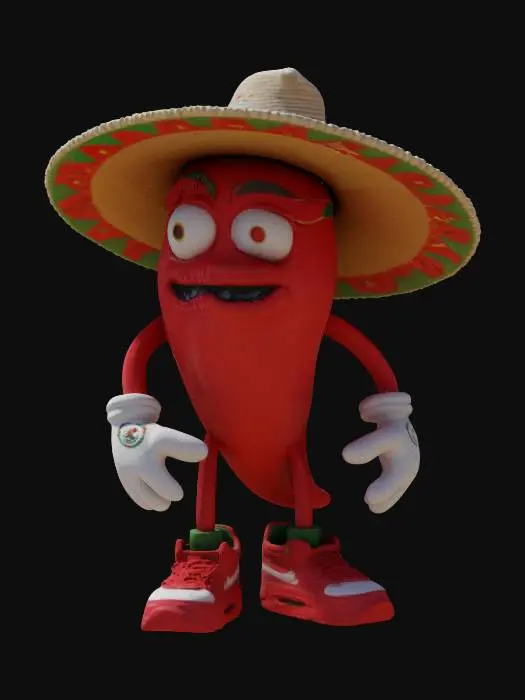 3D model for Mexican humanoid red chili pepper with sombrero on head, white gloves and red air max nike. decorated with detailed mexican emblems. ultra high quality